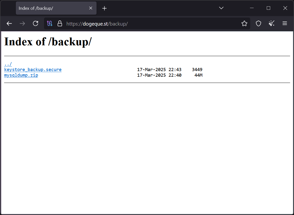 Directory listing for /backup: mysqldump.zip and keystore_backup.secure