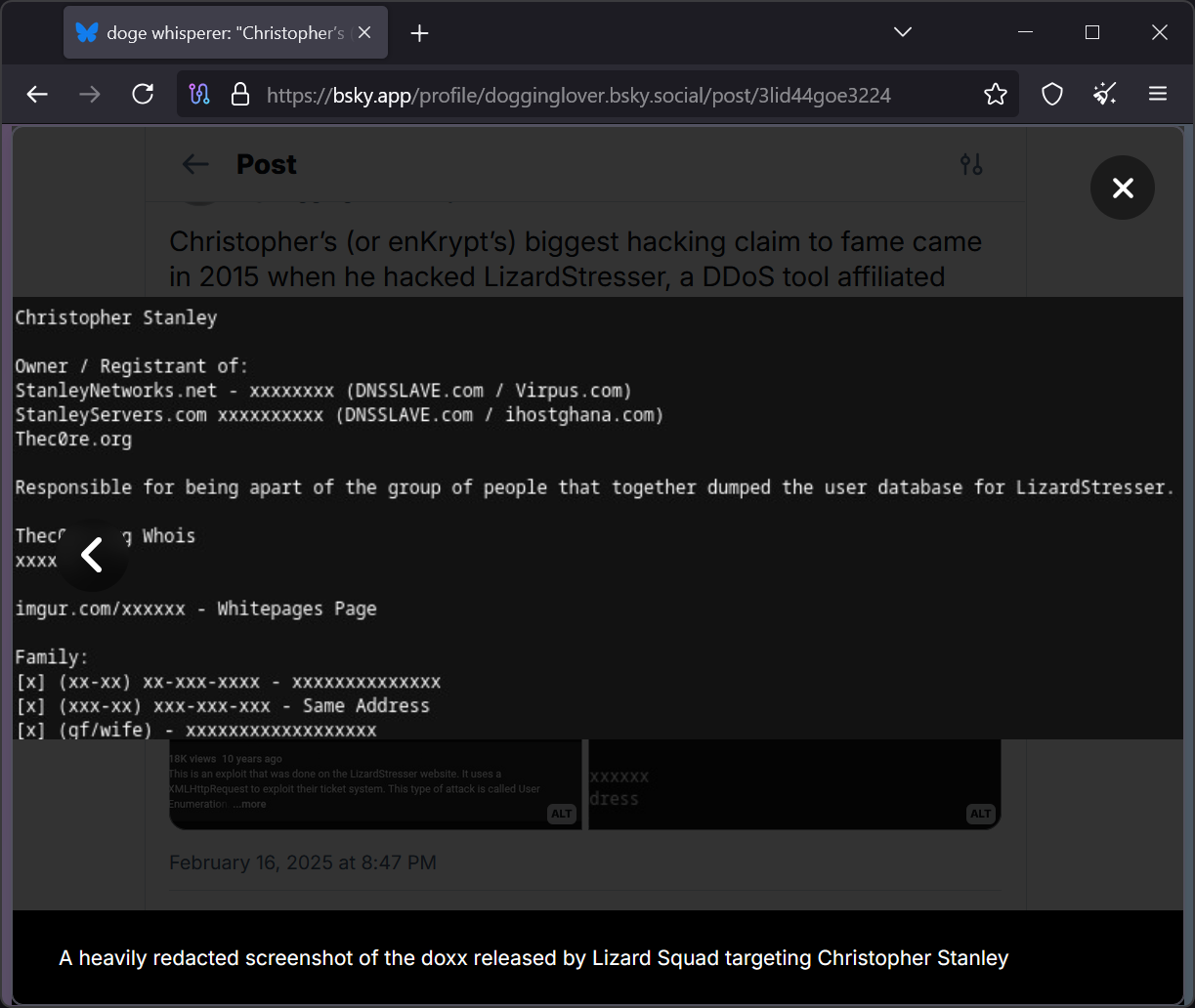 Bluesky post from Doge Whisperer referencing Christopher Stanley’s 2015 dox
