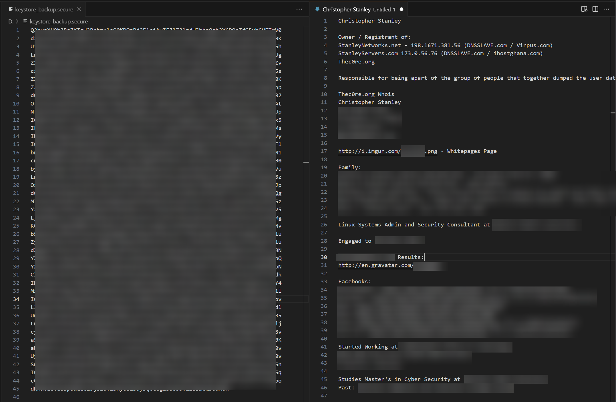 The base64-encoded and plaintext contents of keystore_backup.secure side by side