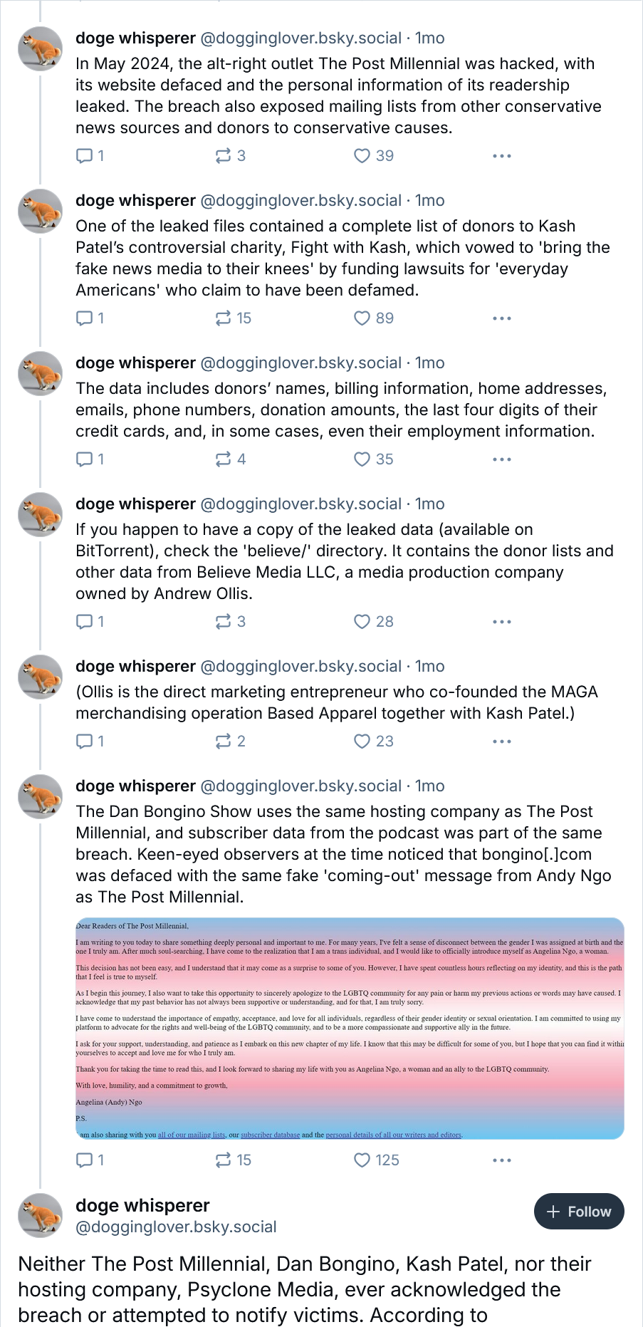 Bluesky posts from Doge Whisperer relating to 2024 The Post Millennial breach